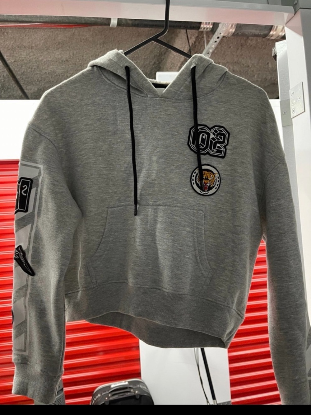 Grey Hooded Pullover Sweatshirt with Graphic Patches